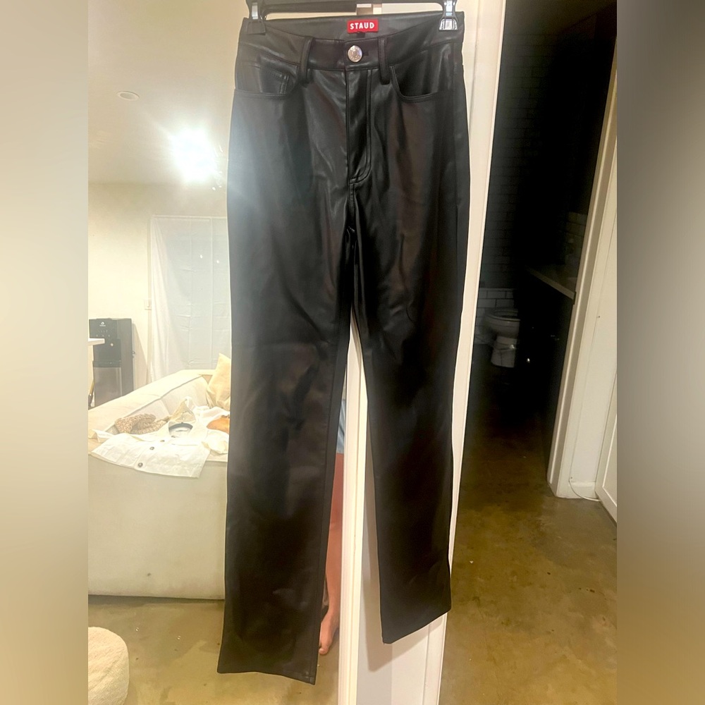 Staud black faux leather chisel trousers